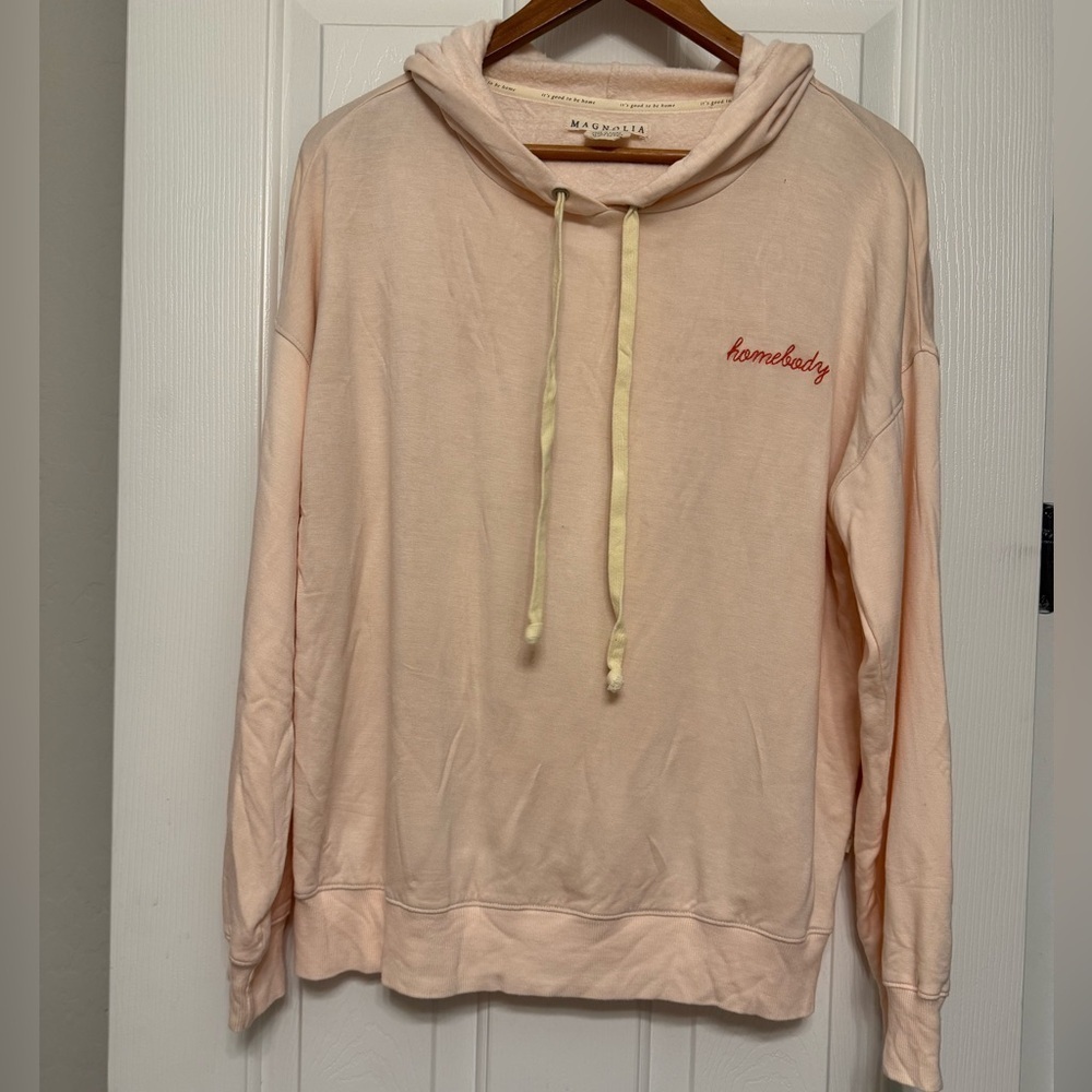 **Magnolia Hooded Lightweight Sweater – “Homebody” Embroidered – Size Large**